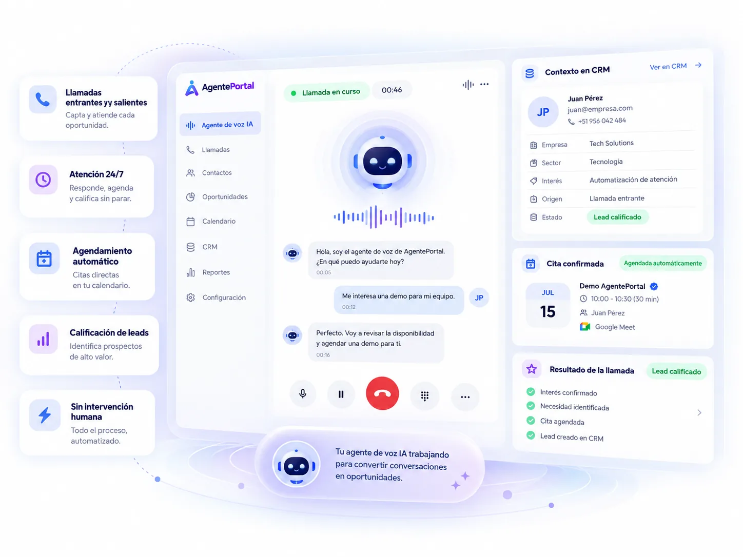 Agente de voz de AgentePortal en una llamada, con el contexto del CRM y la cita confirmada