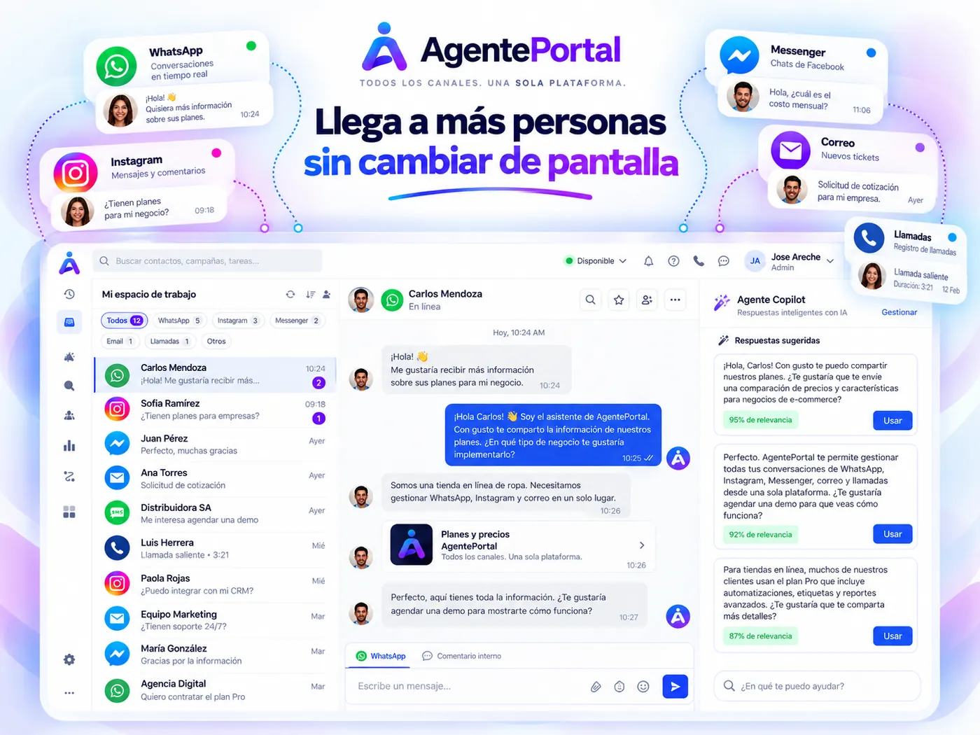 Bandeja de AgentePortal con WhatsApp, Instagram, Messenger, correo y llamadas