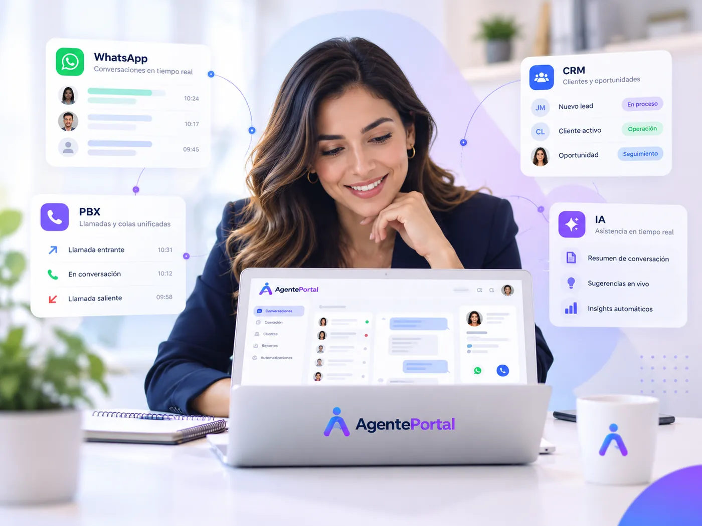 Especialista usando AgentePortal con WhatsApp, PBX, CRM e IA