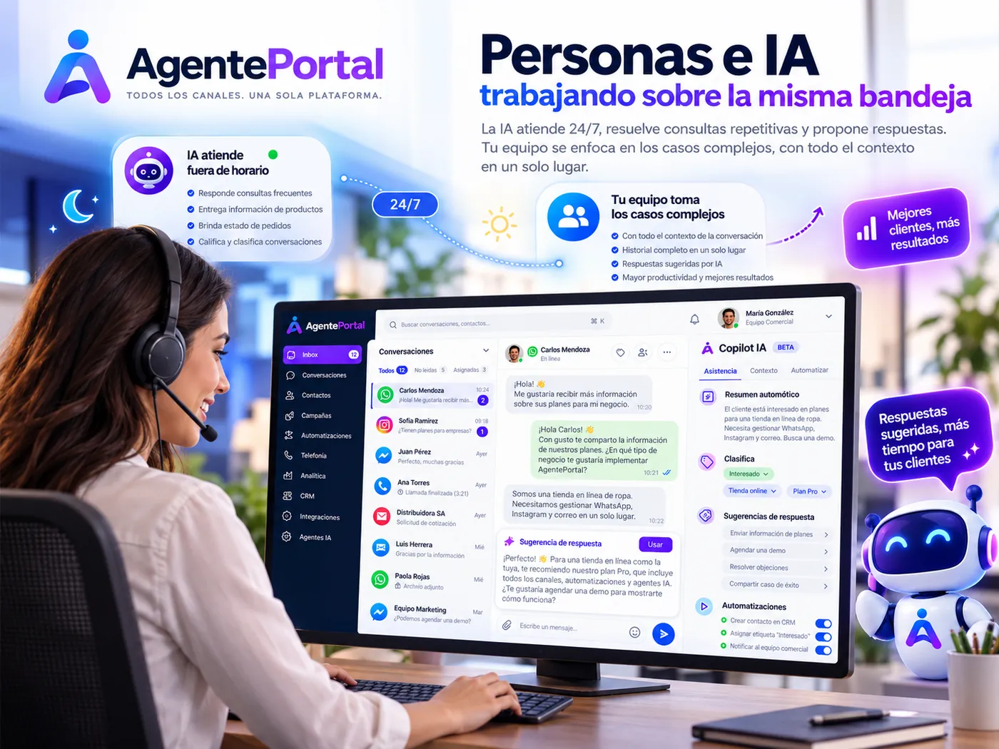 Equipo humano y copiloto de IA trabajando en la misma bandeja