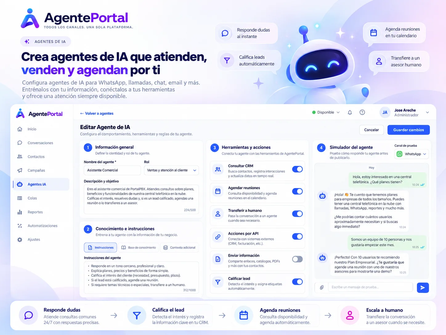 Configuración de un agente de IA en AgentePortal: rol, instrucciones, acciones y una prueba de conversación.