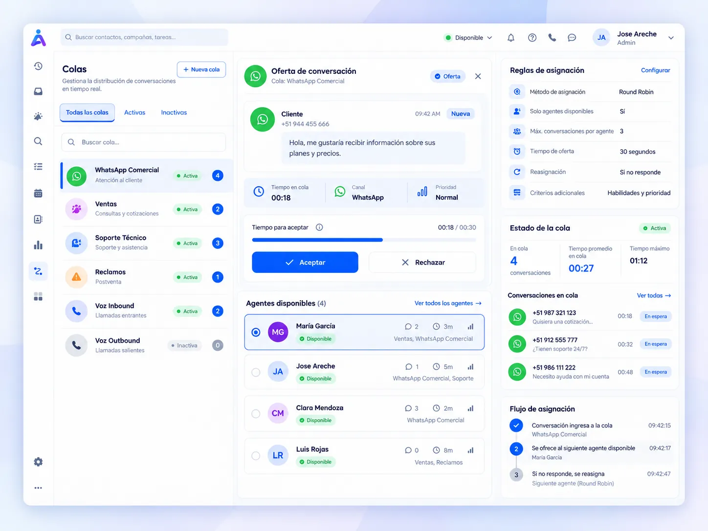 Asignación de conversación por cola en AgentePortal
