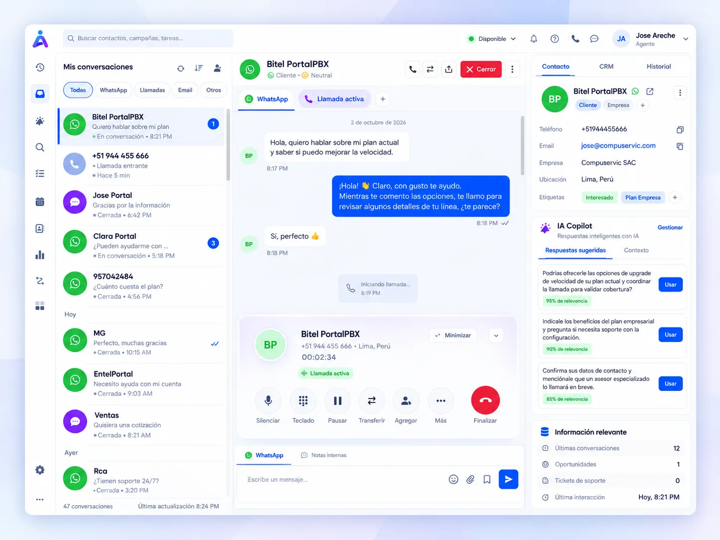 Agente atendiendo WhatsApp y llamada desde AgentePortal