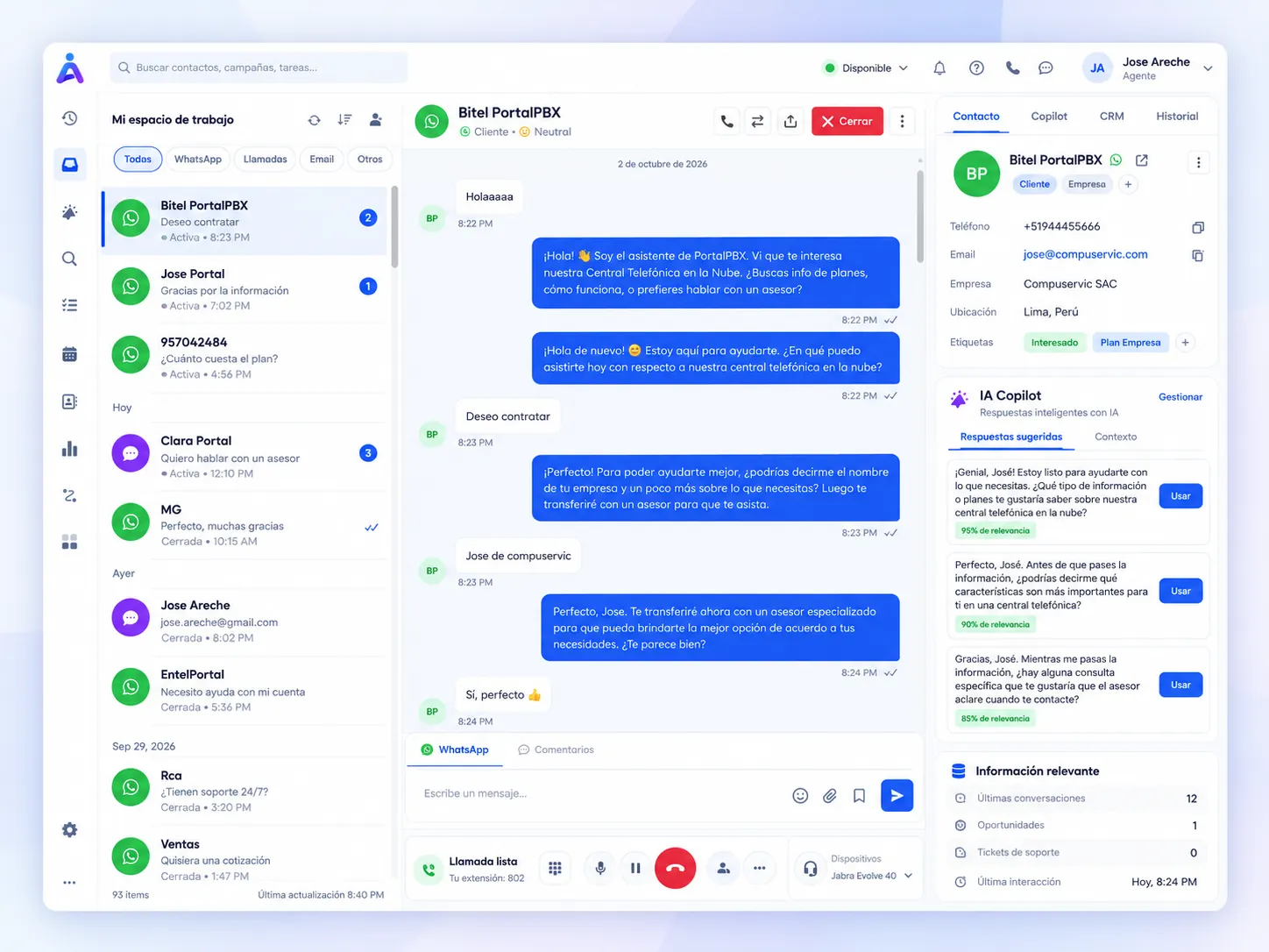 Espacio de trabajo omnicanal para agentes en AgentePortal