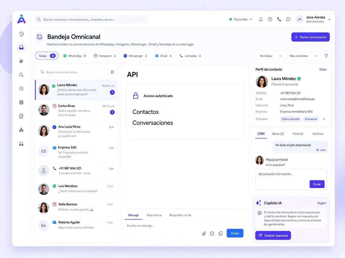 La API lee y escribe el contacto y la conversación con acceso autenticado.