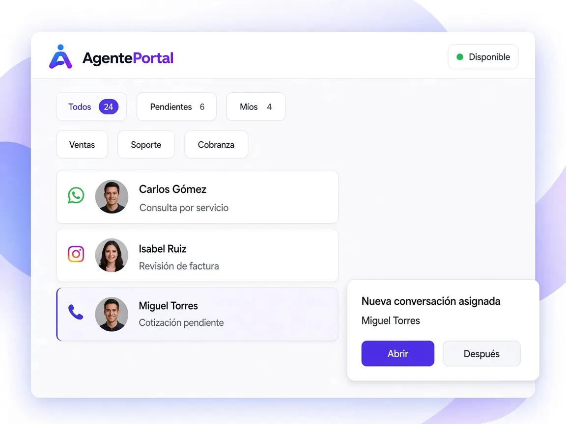 Asignación y colas de conversaciones en la bandeja de AgentePortal.