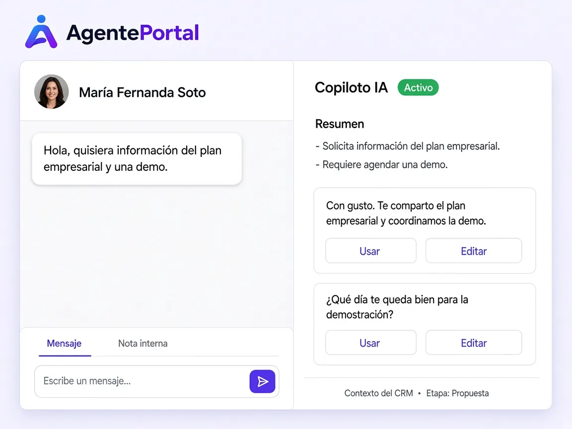 Copiloto de AgentePortal sugiriendo respuestas dentro de la bandeja omnicanal.