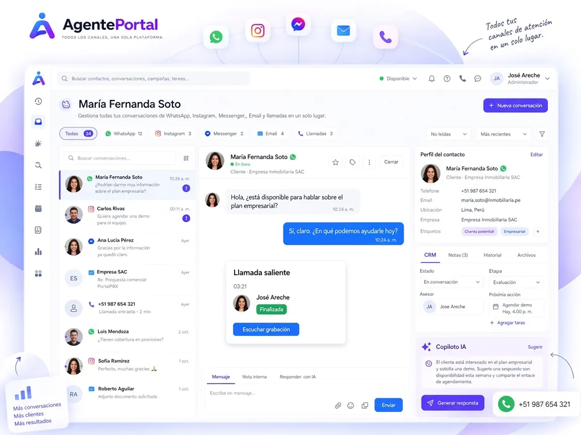 Llamada telefónica registrada dentro del historial omnicanal de AgentePortal.