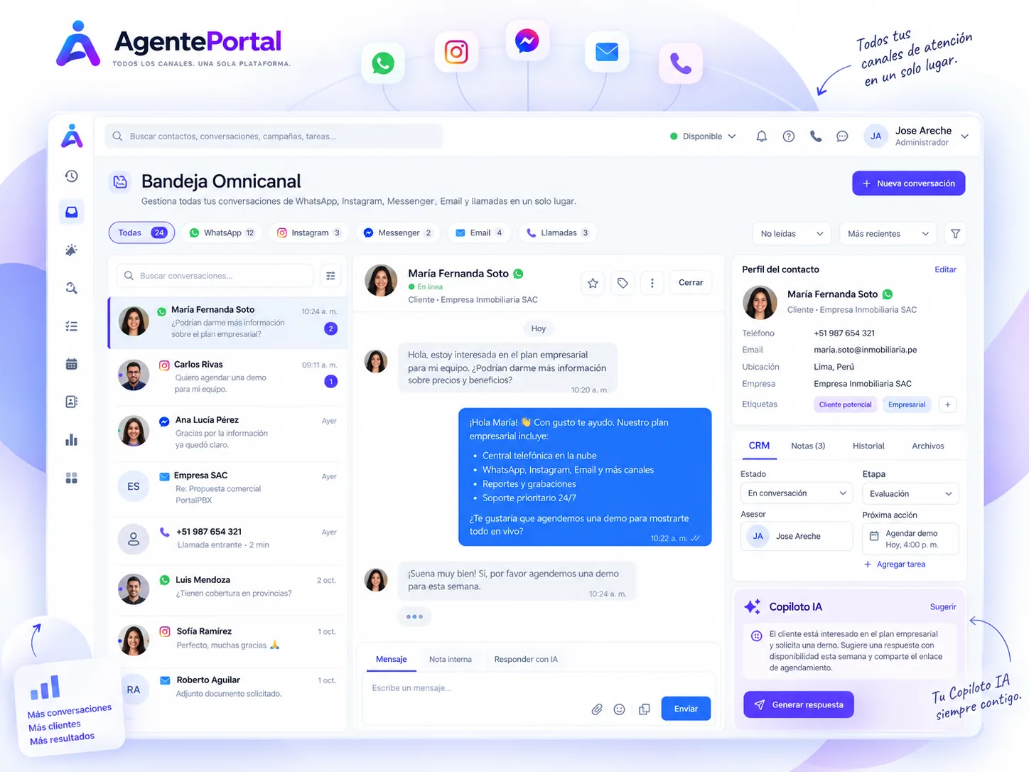 Bandeja de AgentePortal con conversaciones de varios canales, la ficha del contacto y el copiloto al lado.