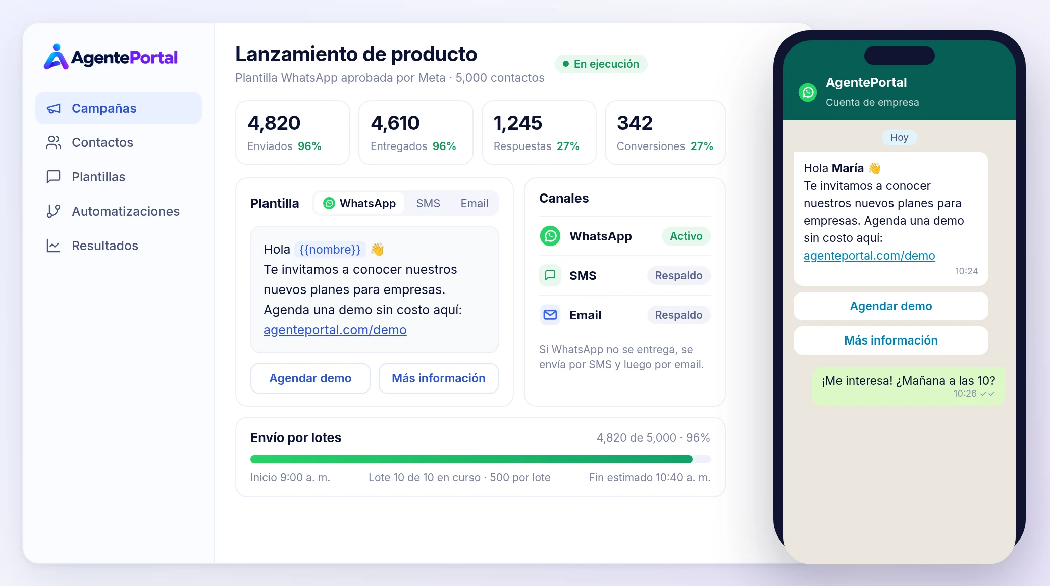 Campaña de AgentePortal con plantilla, envío y la respuesta del cliente de vuelta en la conversación.