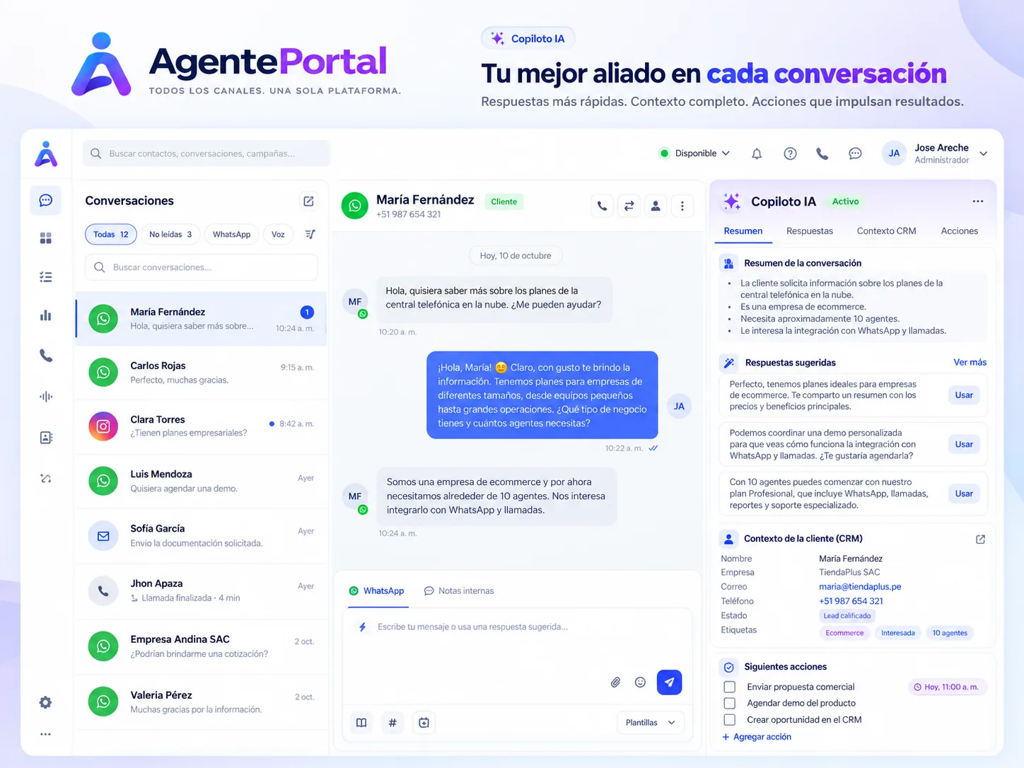 Copiloto de AgentePortal junto a la conversación, con el resumen, respuestas sugeridas y la ficha del cliente.