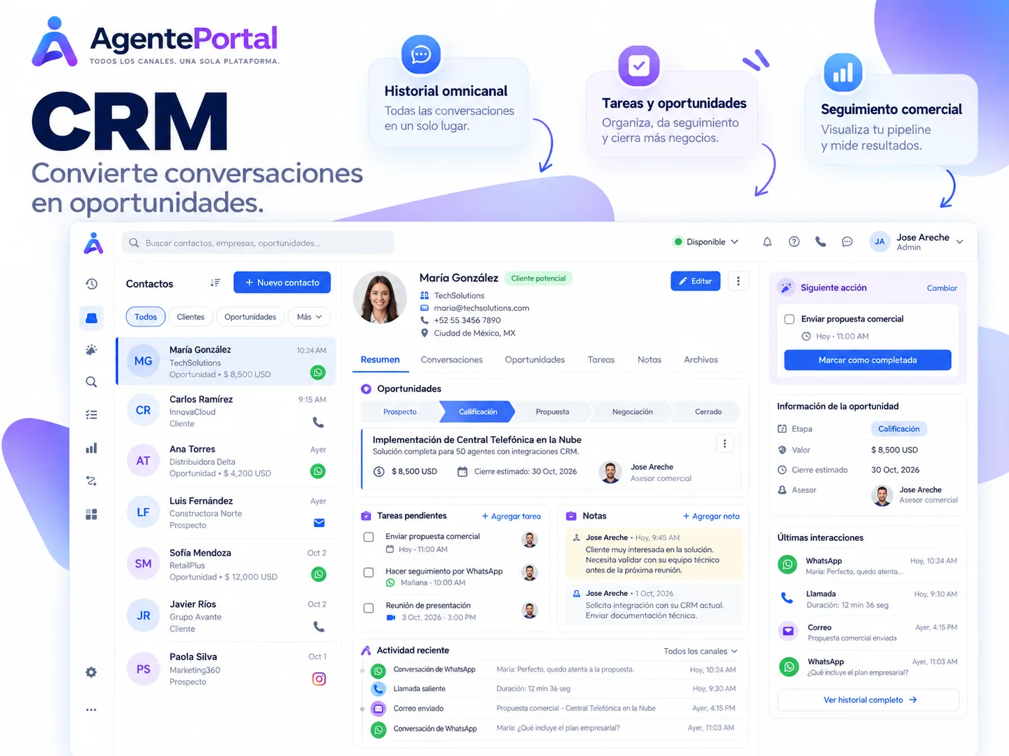 Ficha de CRM de AgentePortal con la oportunidad, las tareas, las notas y el historial de la conversación.