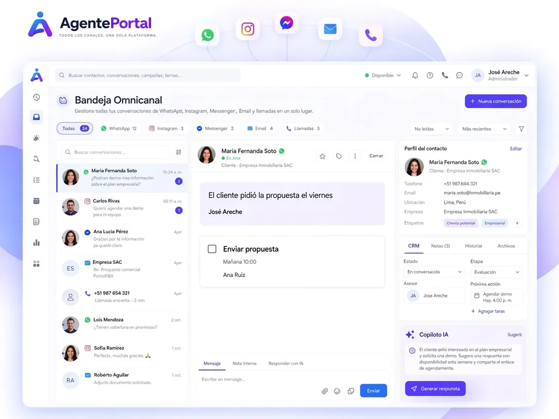 Nota interna y tarea con fecha y responsable en la ficha de AgentePortal.