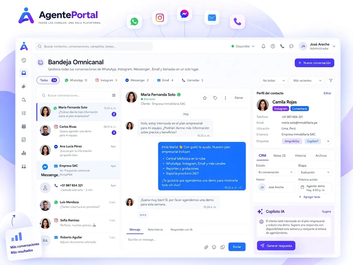Comentarios y mensajes de Instagram y Facebook en AgentePortal, con responsable y ficha del contacto.