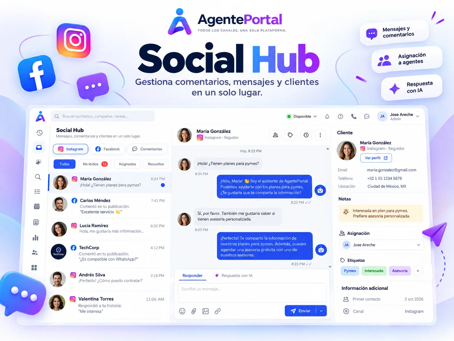 Social Hub de AgentePortal con mensajes y comentarios de Instagram y Facebook, notas y asignación.