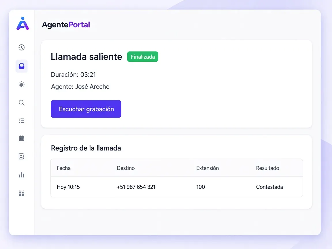 Llamada finalizada en AgentePortal con duración, agente, grabación y el registro.