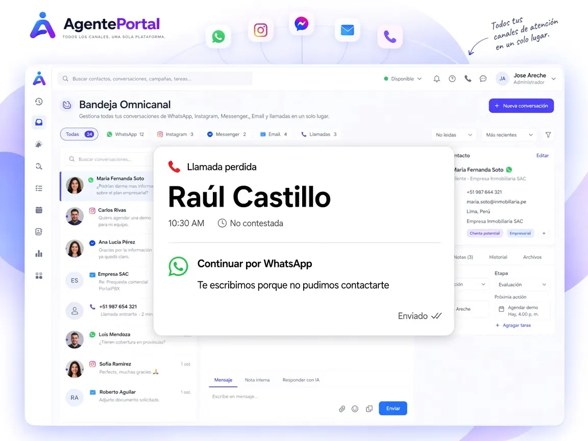 Una llamada sin respuesta continúa por WhatsApp en el mismo contacto.