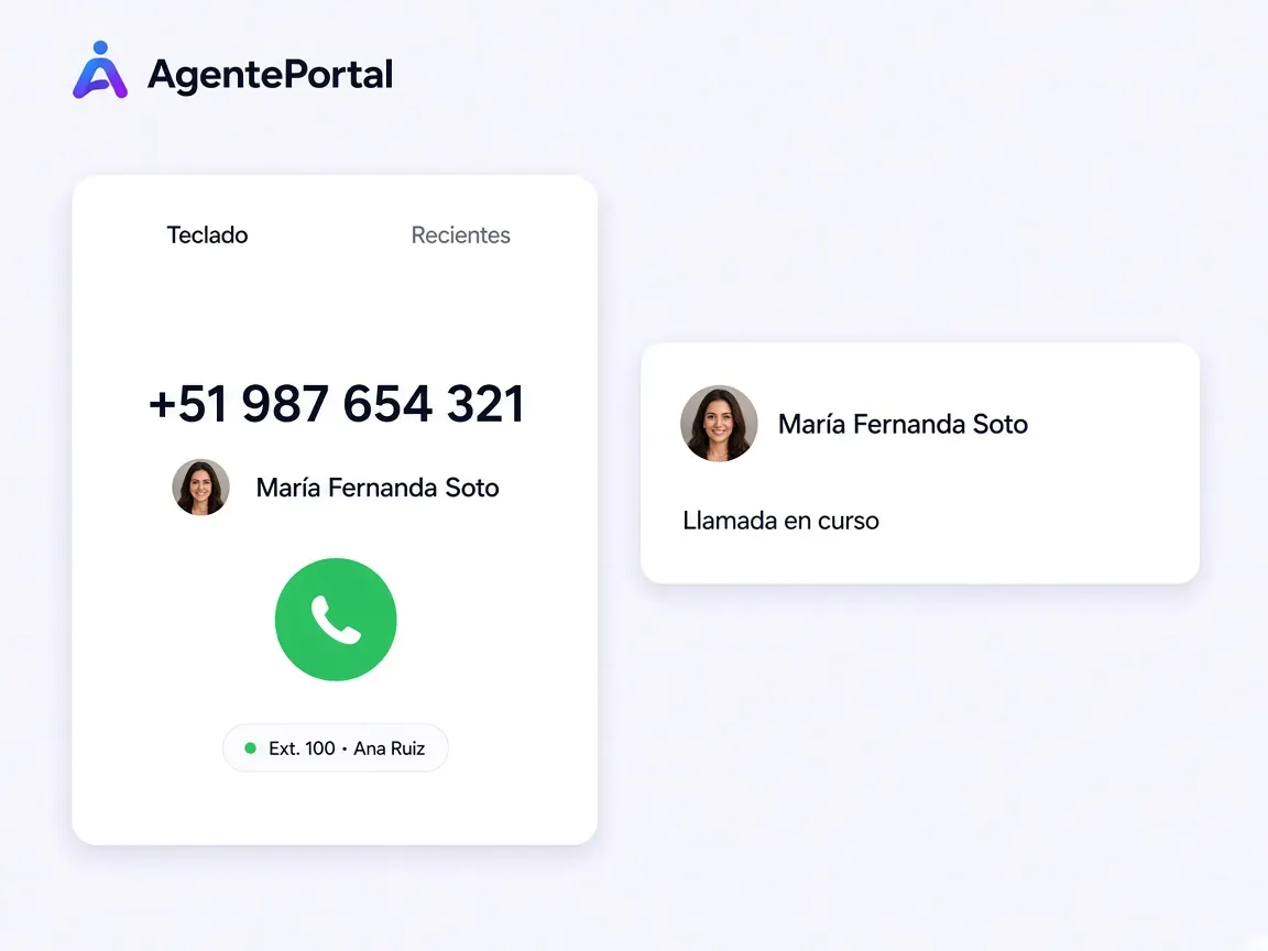 WebPhone de AgentePortal con el teclado, la extensión del agente y la llamada en curso.